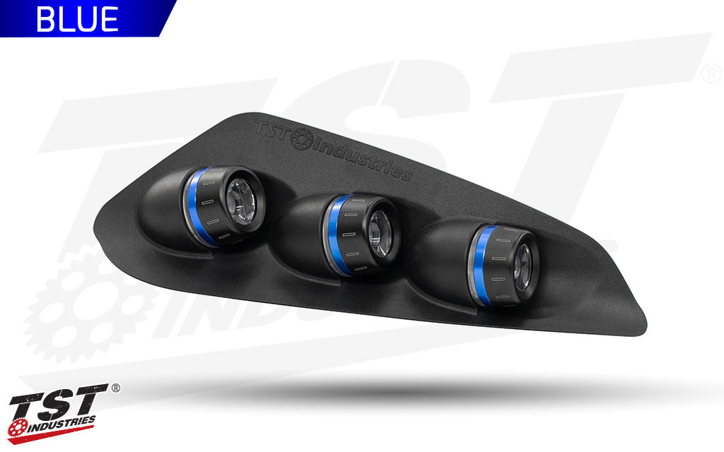 Black automotive integated tail light for the S1000RR with blue accents on a white background, featuring TST Industries branding.