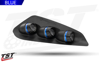 Black automotive integated tail light for the S1000RR with blue accents on a white background, featuring TST Industries branding.