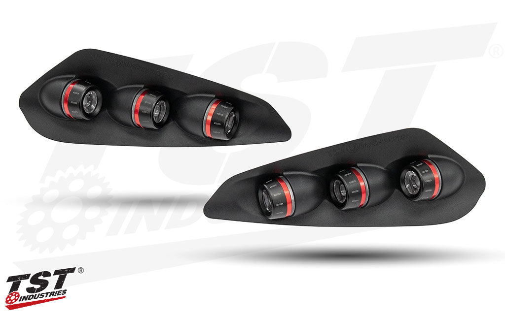 Black automotive integated tail light for the S1000RR with Red accents on a white background, featuring TST Industries branding.