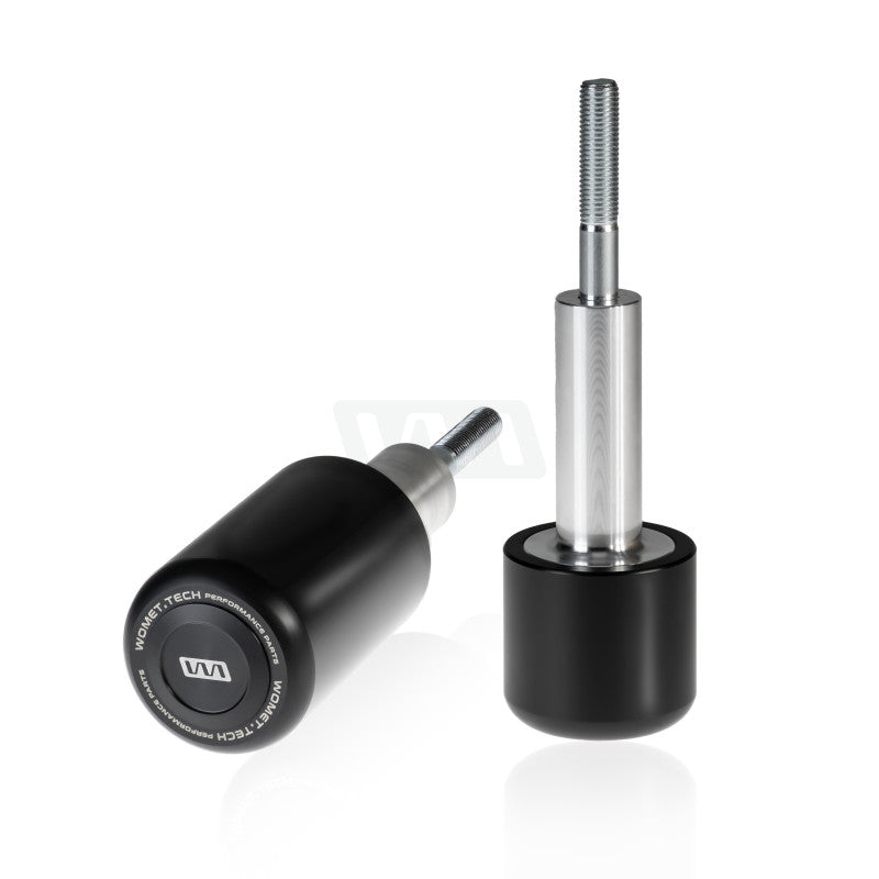 Two motorcycle frame sliders with black bases and metal stands on a white background