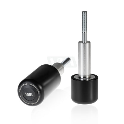 Two motorcycle frame sliders with black bases and metal stands on a white background